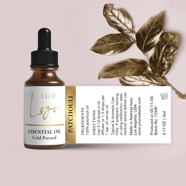 Étiquette Logo Blanc & Or Cosmetic Essential Oil Botté (Elegant white and faux gold essential oil dropper bottle labels with space for ingredients and logo)