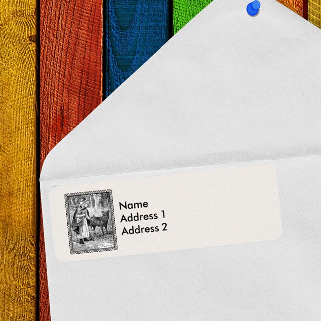 Étiquette Loup à capuchon rouge encadré en forêt sur blanc (Vintage Little Red Riding Hood in woods with Wolf in black and white return address labels.)