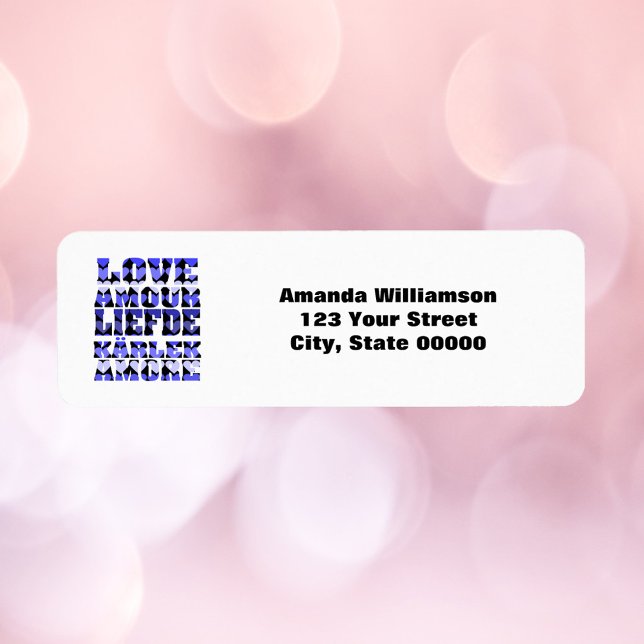Étiquette Love Languages Blue Personnaliser Adresse de retou (A return address label that says love with blue hearts along with text you can personalize!)
