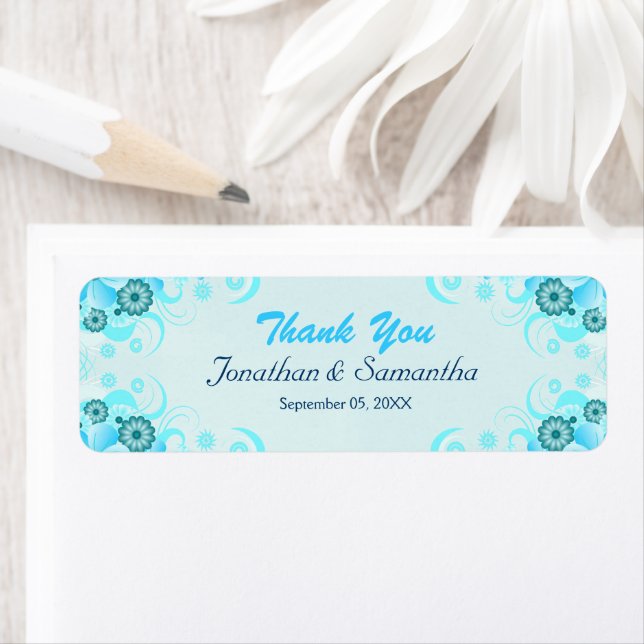 Étiquette Lumière Aqua Blue Turquoise Floral Petit Mariage F (En situation)