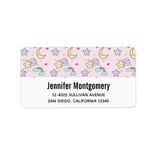 Étiquette Lune, étoiles et nuages Motif sur Pastel Pink