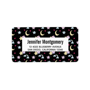 Étiquette Lune lunaire, étoiles et nuages Motif sur noir