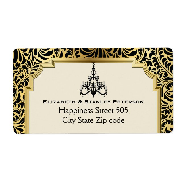 Étiquette Lustre Art déco noir, mariage or (Devant)