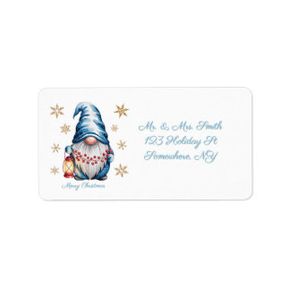 Étiquette Lutin de Noël bleu avec des baies de lanterne roug
