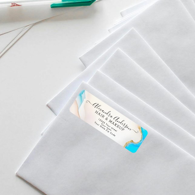 Étiquette Luxe Aqua Gold Marble Holographique Adresse de ret (Luxury Aqua Gold Marble Holographic Return Address Label)