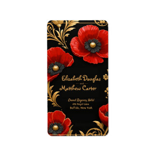 Étiquette Luxury Black Red and Gold Floral Wedding