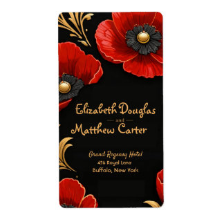 Étiquette Luxury Black Red and Gold Floral Wedding