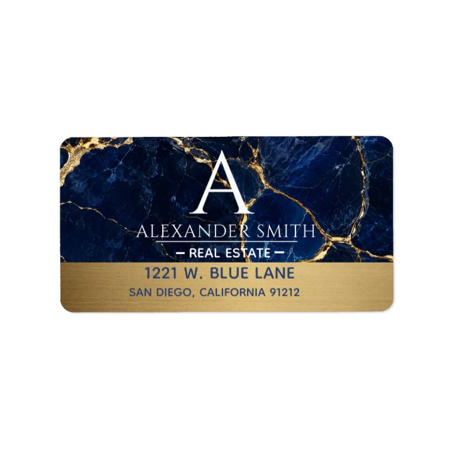 Étiquette Luxury Navy Marble Gold Monogram Business Branding (Devant)