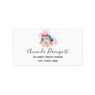 Étiquette Macarons et fleurs colorés Aquarelle