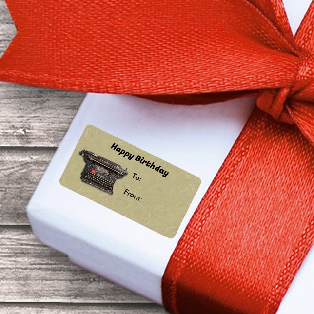 Étiquette Machine à écrire manuelle noire sur Tan Writer Ann (Black manual vintage typewriter Happy Birthday tan gift sticker tag.)