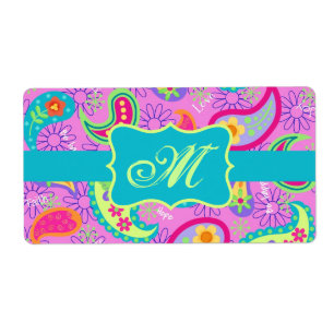 Étiquette Magenta Pink Turquoise Modern Paisley Monogram