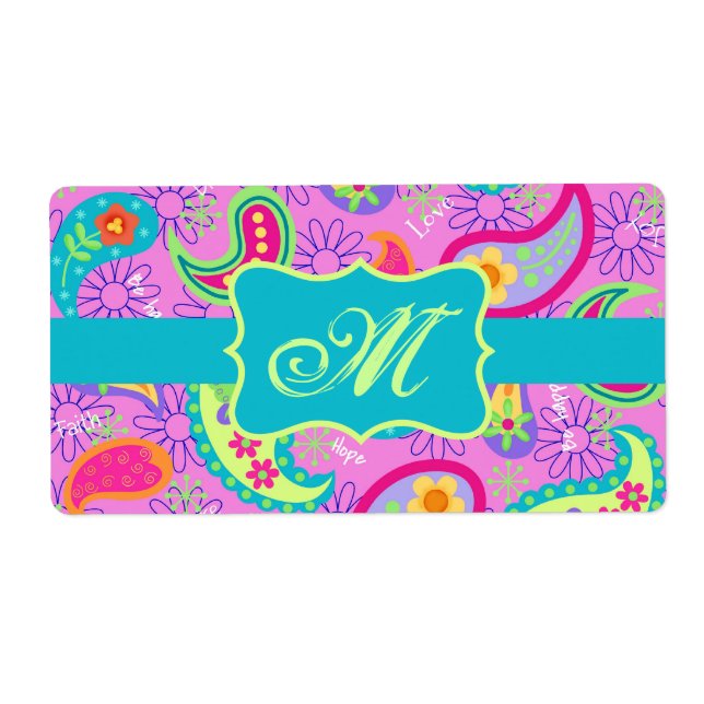 Étiquette Magenta rose Turquoise moderne Paisley Monogramme (Devant)