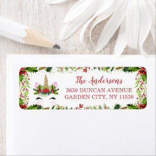 Étiquette Magical Christmas Holly Berries Unicorn Address
