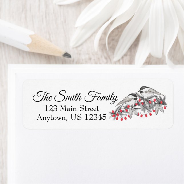 Étiquette Maine Chickadee Bird Stylo et Encre Noël (En situation)