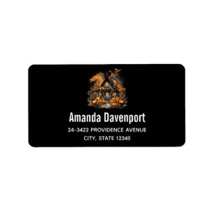 Étiquette Maison hantée avec Citrouille Halloween Noir