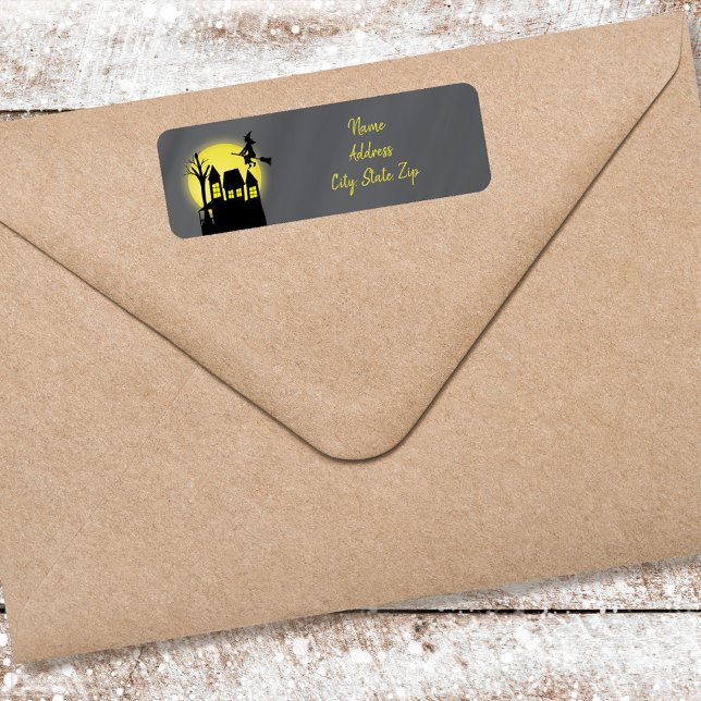 Étiquette Maison hantée de la sorcière noire d'Halloween (Halloween customized witchy return address label. )