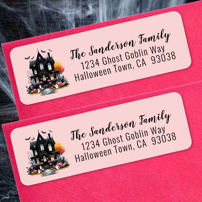 Étiquette Maison Hantée Rose Halloween Adresse de Retour (Haunted House Pink Halloween Return Address label)