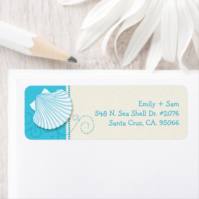 Étiquette Malibu Blue & Ivory Beach Wedding Adresse de retou (En situation)