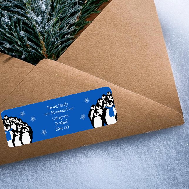 Étiquette Manchot de Noël Adresse de Retour Bleu (Créateur téléchargé)