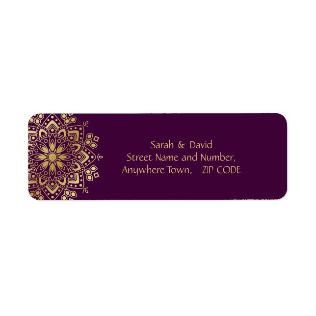 Étiquette Mandala d'or fleurit sur Plum d'aubergine pourpre (Devant)