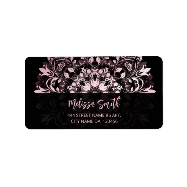Étiquette Mandala noir métallisé rose brillant (Devant)