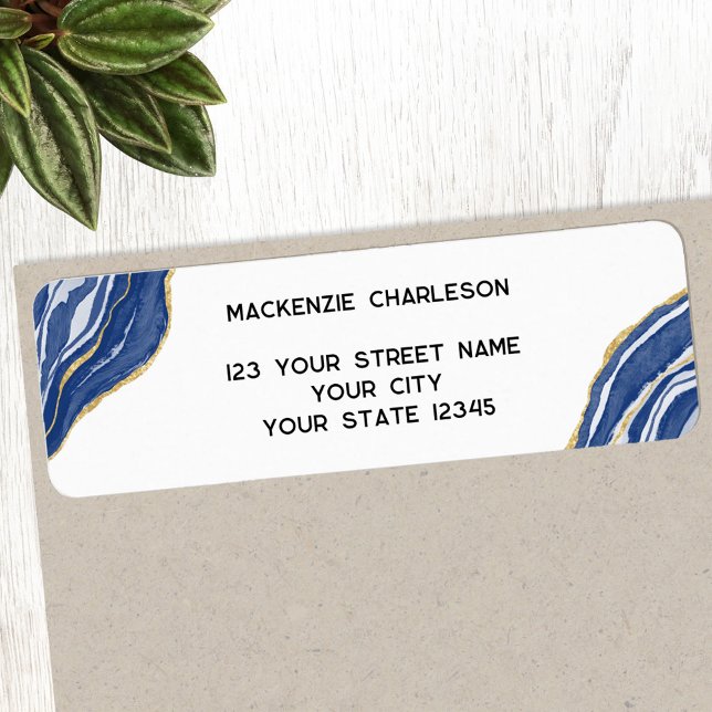 Étiquette Marble Agate Geode Blue Adresse de retour (Blue and white agate marble geode return address label)