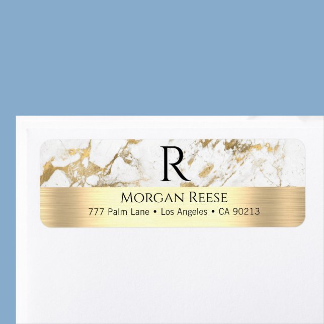 Étiquette Marbre Blanc & Or, Nom & Monogramme Adresse  (Créateur téléchargé)