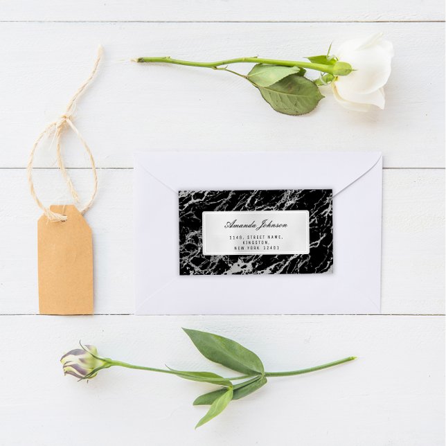Étiquette Marbre gris argenté Abstrait élégant noir RSVP (RSVP Black Silver Marble FlorenceK )