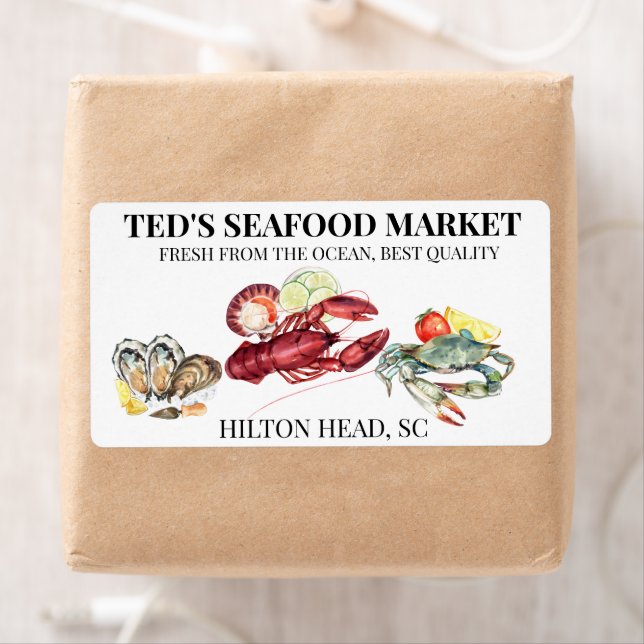 Étiquette Marché aux Fruits de Mer Entreprise Homard Crabe (En situation)