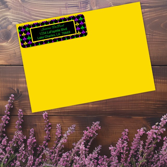 Étiquette Mardi Gras Fleur de Lis Motif Adresse personnalisé (Créateur téléchargé)