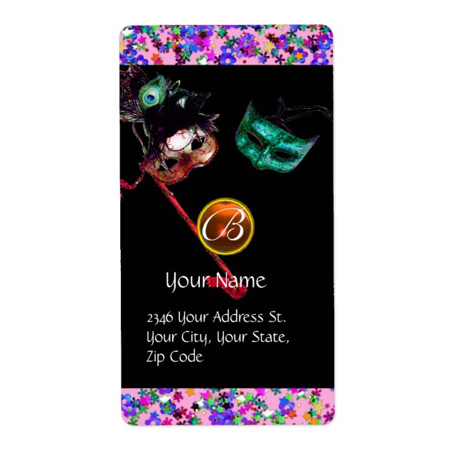 Étiquette MARDI GRAS MASQUERADE Confetti Gem monogramme noir (Devant)