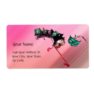 Étiquette MARDI GRAS MASQUERADE rose fuchsia bleu soie noire