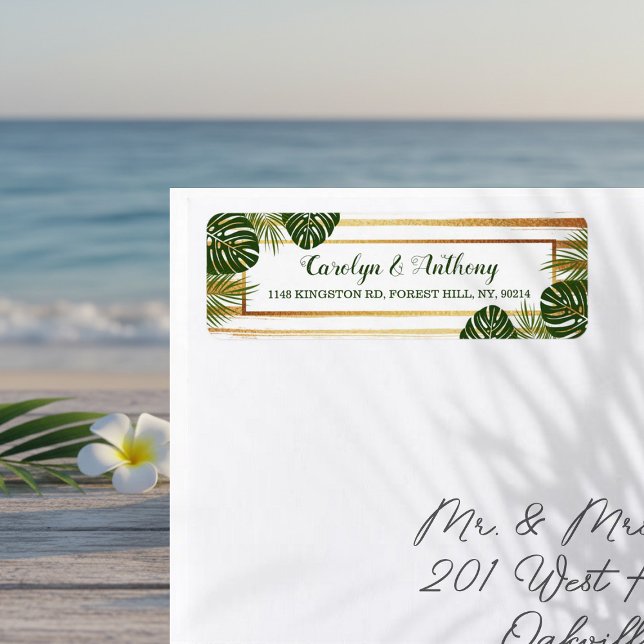 Étiquette Mariage à la plage Gold Foil & Green Palm Leaf (Créateur téléchargé)