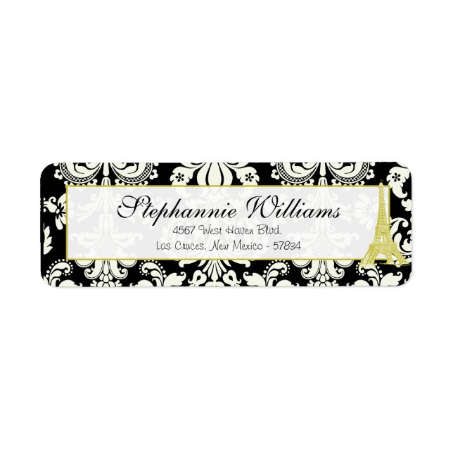 Étiquette Mariage à Paris Black Damask Retours Adresse Label (Devant)