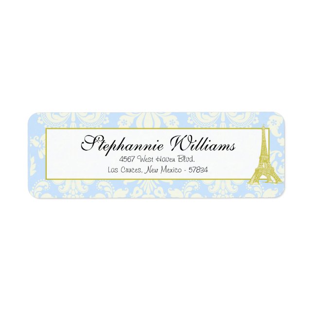 Étiquette Mariage à Paris Blue Damask Retours Adresse Label (Devant)