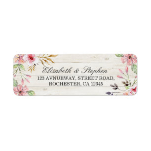 Étiquette Mariage Adresse Aquarelle Fleur rose Bois rustique