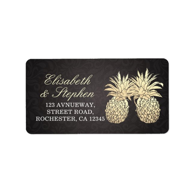 Étiquette Mariage Adresse Modern Black Gold Ananas Couple (Devant)