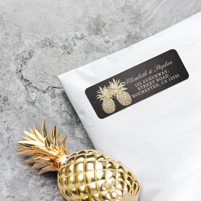 Étiquette Mariage Adresse Modern Black Gold Ananas Couple (Créateur téléchargé)