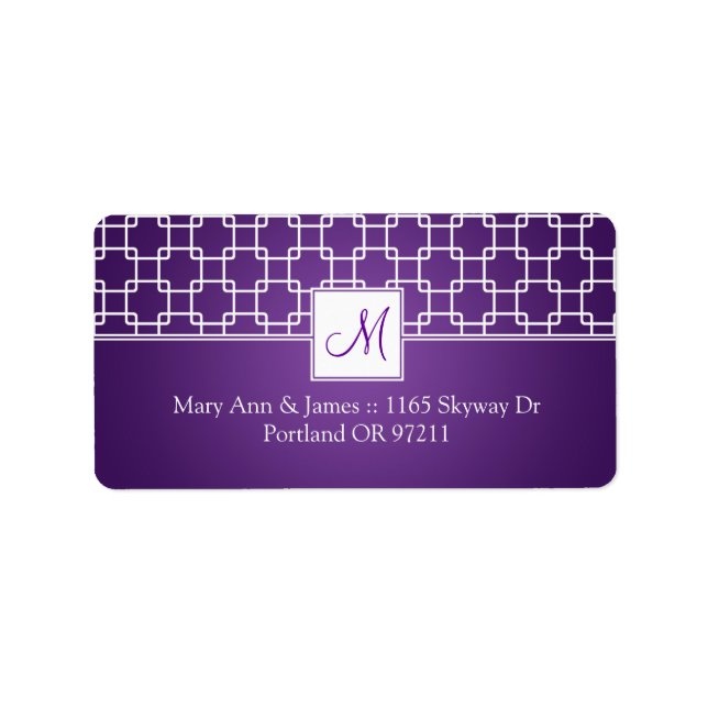 Étiquette Mariage Adresse Monogram Trellis Motif Purple (Devant)