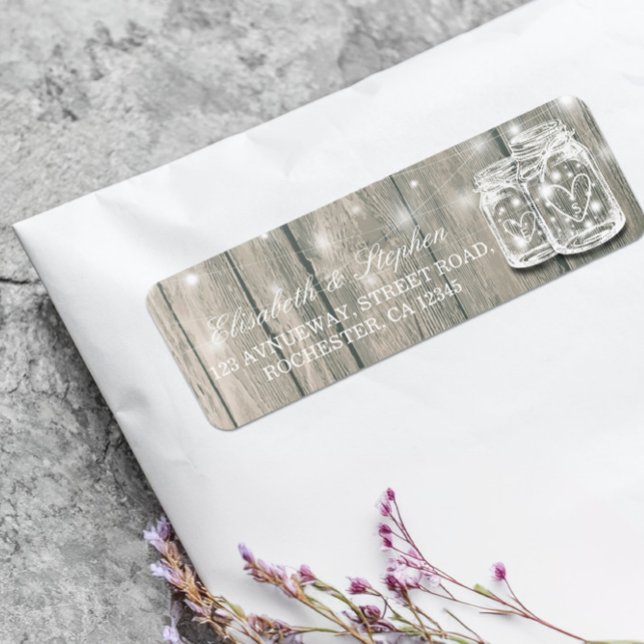 Étiquette Mariage Adresse Rustique Bois Mason Jar String Lum (Créateur téléchargé)
