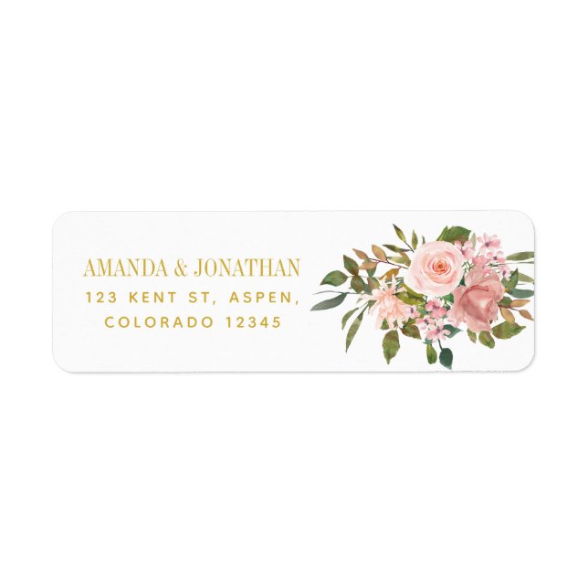 Étiquette Mariage aquarelle florale Rose Pâle et Or (Devant)