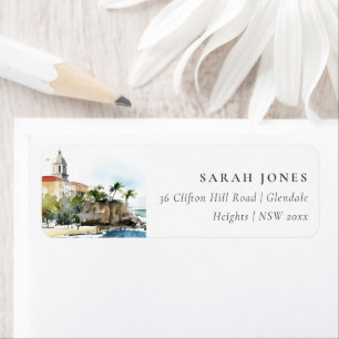 Étiquette Mariage aquarelle paysage San Juan Porto Rico
