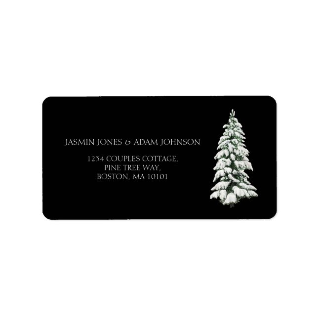 Étiquette Mariage Arbre de Noël Hivernal Noir (Devant)