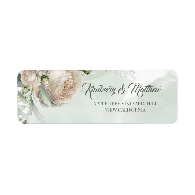Étiquette Mariage aux Roses Vert Sauge et Feuillage (Devant)