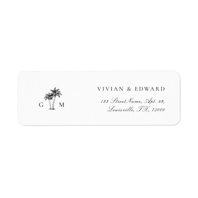 Étiquette Mariage avec adresse de retour monogramme et palmi (Devant)