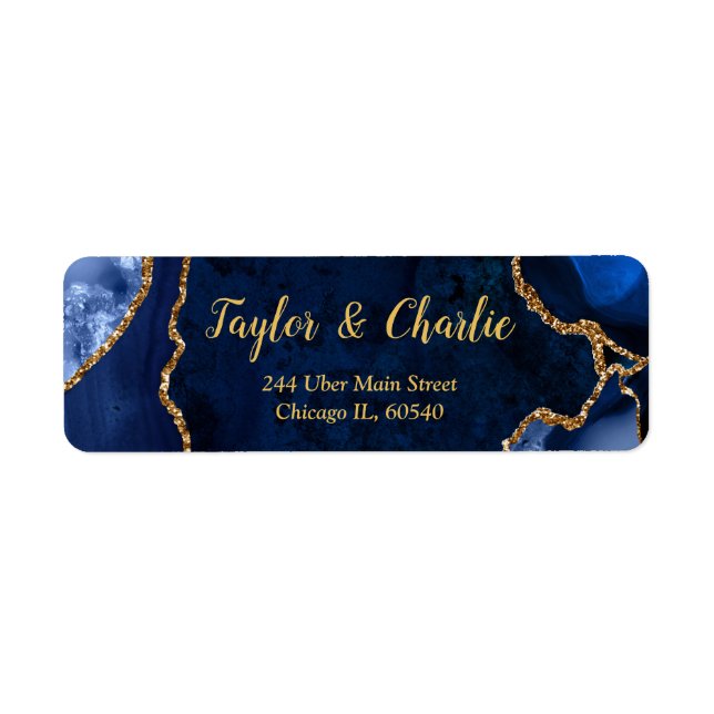 Étiquette Mariage avec un marbre agate doré et bleu marine (Devant)