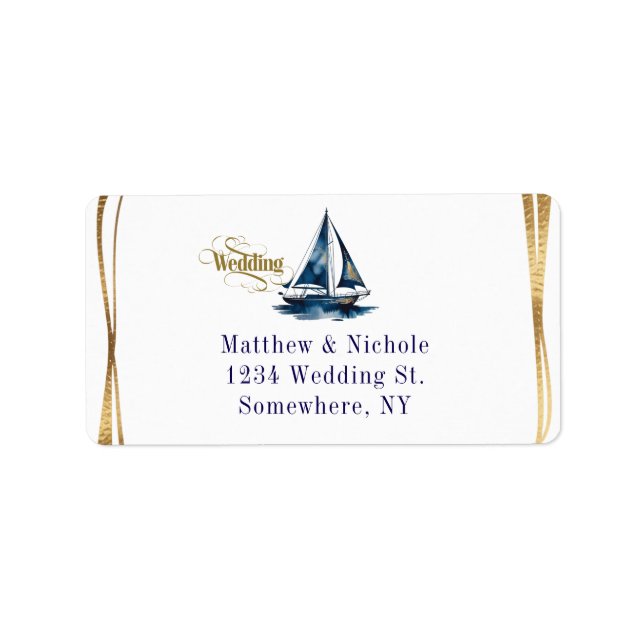 Étiquette Mariage Bateau Nautique Or et Navy Cadre Doré (Devant)