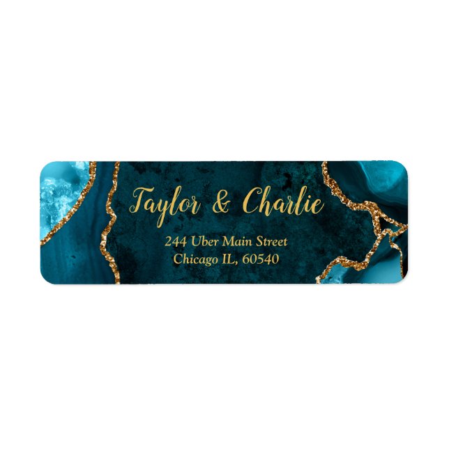 Étiquette Mariage Bille de Marbre Agate Bleu-vert et Or (Devant)