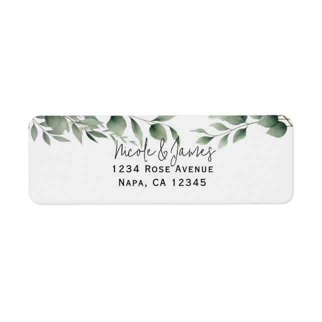 Étiquette Mariage Blanc Moderne avec Feuillage Minimal (Devant)