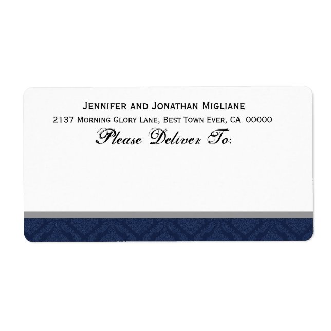 Étiquette Mariage bleu de la marine Damask (Devant)